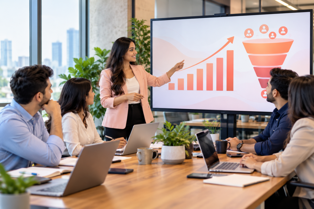 B2B marketing team analyzing lead generation and business growth strategies