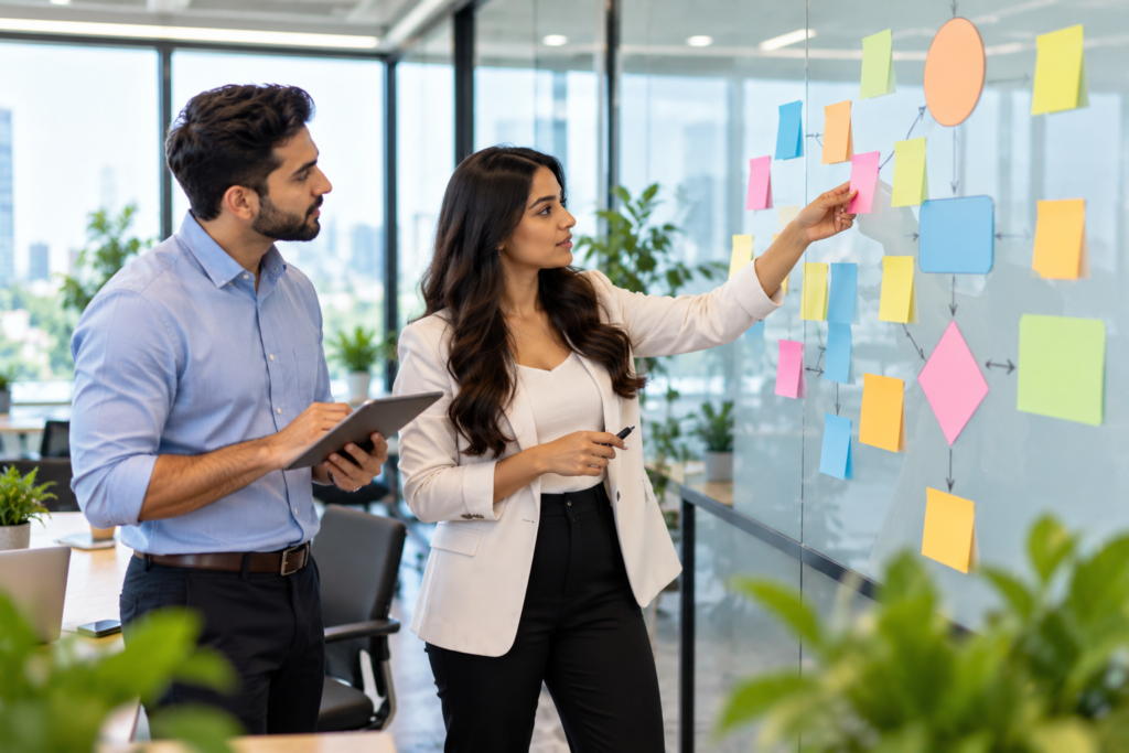 Business strategists planning a customer journey using a visual flowchart on a glass wall