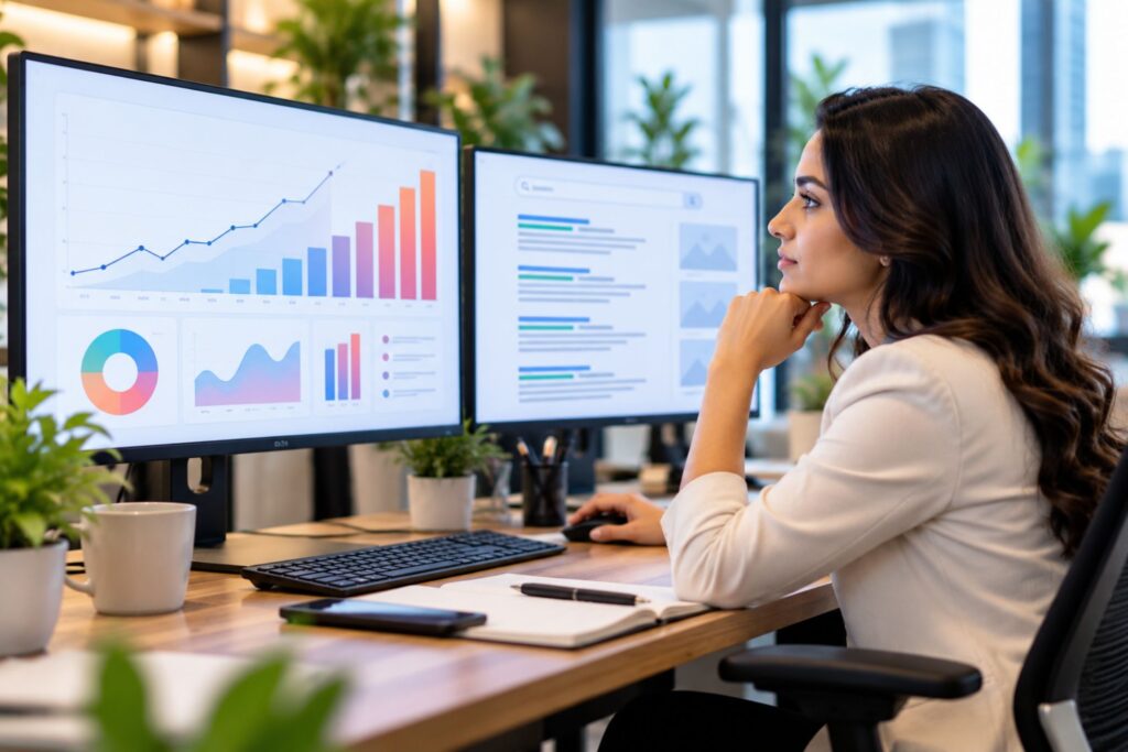 Digital marketing professional analyzing analytics dashboards and search results on dual monitors